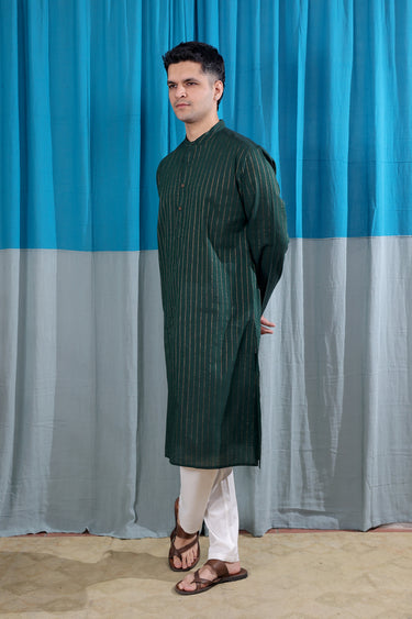 Forest Green Stripes Zari South Cotton Men Long Kurta Full Sleeves MLKFS122513