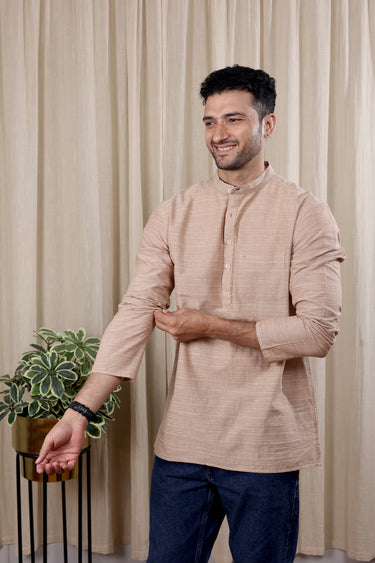 Light Brown Stripes South Cotton Men Short Kurta Full Sleeves MSKFS252C39