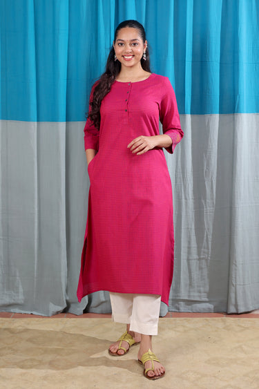 Dark Pink Hand Embroidery South Cotton Women Long Kurta Long Sleeves WLKLS01264
