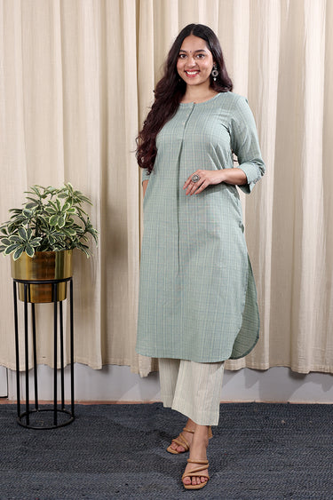 Sea Green Stripes South Cotton Women Long Kurta Long Sleeves WLKLS252C135