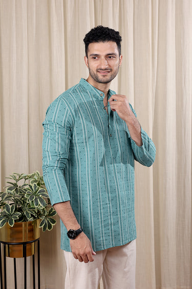 Dark Turquoise Dobby Stripes South Cotton Men Short Kurta Full Sleeves MSKFS252C53