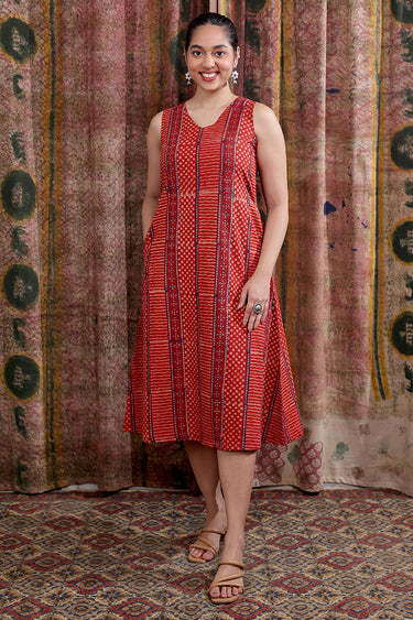 Rust Dhabu Cotton Women Midi Dress Sleeveless WDRSL253C13