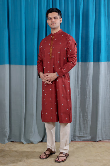 Brick Red Zari Dobby South Cotton Men Long Kurta