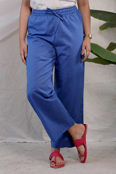 Blue Dyed Cotton Dobby Women Flared Pant