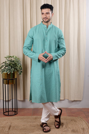 Sea Green Checks South Cotton Men Long Kurta Full Sleeves MLKFS252C25
