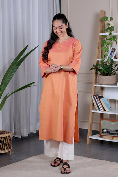 Yellow Pink Hand Embroidery Fine Cotton Women Long Kurta