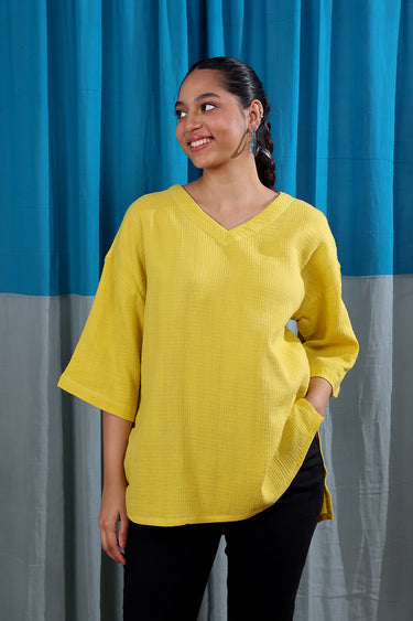 Sunshine Yellow Dyed Cotton Double Cloth Women Kurti