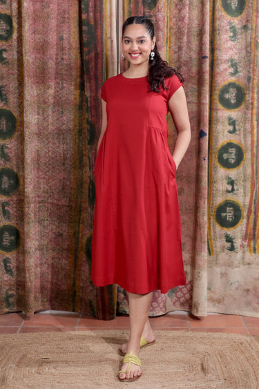 Red Hand Dyed Cotton Viscose Blend Women Midi Dress Short Sleeves WDRSS253C5