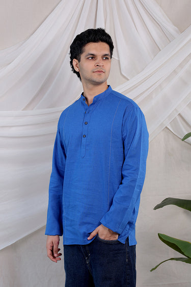 Royal Blue Dyed Classic Cotton Linen Men Short Kurta