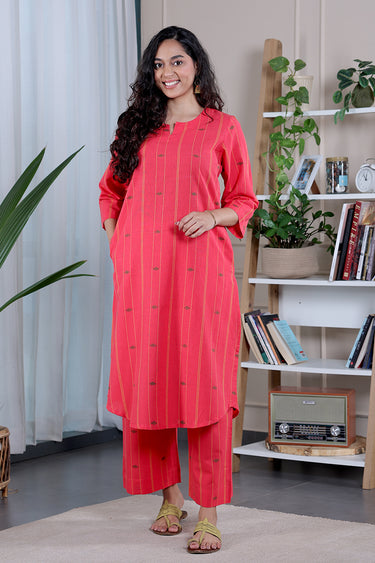 Red Stripes Dobby Fine Cotton Flax Women Long Kurta