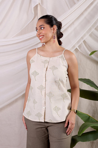 Ray of Hope Army Green Sanganeri Natural Cotton Linen Women Short Top