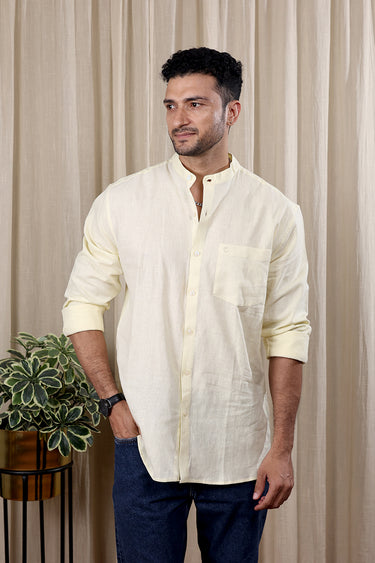 Pastel Yellow Hand Dyed Cotton Linen Men Shirt Full Sleeves MSHFS252C2