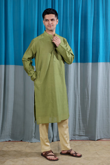 Pista Green Stripes Zari Chanderi Silk Men Long Kurta