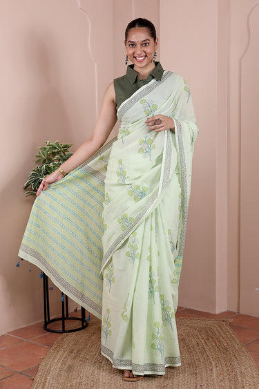 Pastel Green Sanganeri Cotton Malmal Saree SAREE251C22