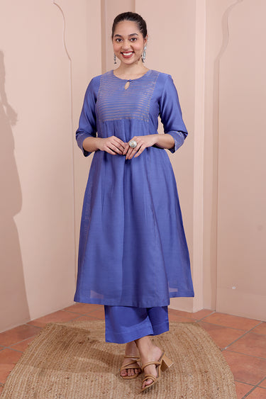 Midnight Blue Hand Dyed Chanderi Silk Women Long Kurta Long Sleeves WLKLS252C187