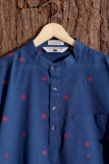 Midnight Blue Dobby Buti South Cotton Men Short Kurta Full Sleeves MSKFS253C7