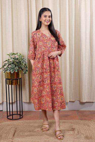 Red Kalamkari Cotton Women Midi Dress Long Sleeves WDRLS252C8