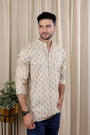 Beige Sanganeri Cotton Flax Herring Bone Men Short Kurta Full Sleeves MSKFS252C2