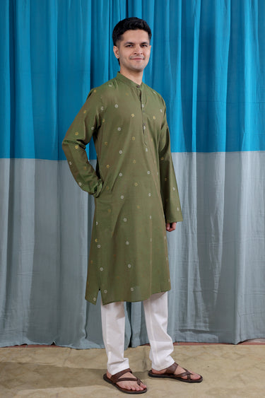 Olive Green Zari Buti South Cotton Men Long Kurta