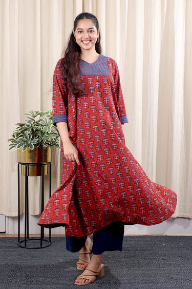 Rust Hand Embroidery Dhabu Cotton Women Ankle Kurta Long Sleeves WAKLS252C43