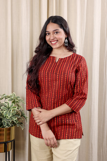 Rust Dhabu Cotton Women Kurti Long Sleeves WKILS253C21