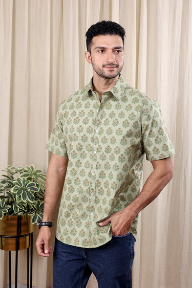 Sage Green Sanganeri Fine Cotton Men Shirt Half Sleeves MSHHS252C22