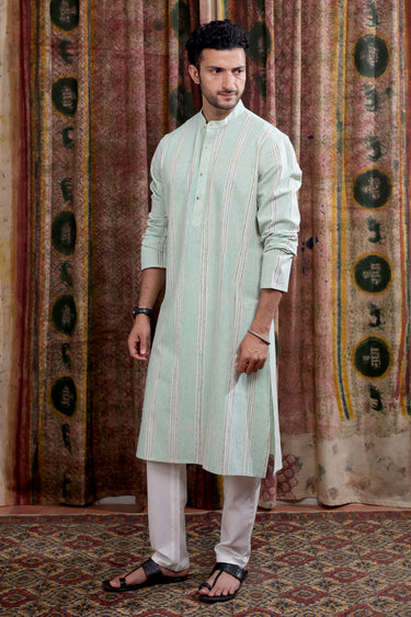 Mint Green Sanganeri Cotton Linen Men Long Kurta Full Sleeves MLKFS253C22