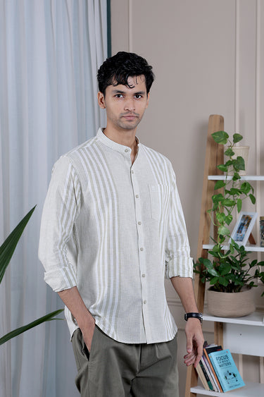 Sage Green Stripes Natural Cotton Linen Men Shirt