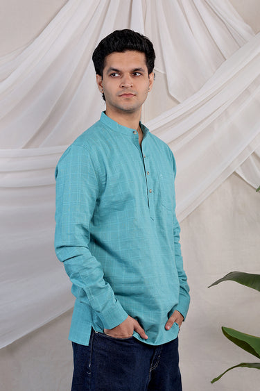 Teal Blue Dobby Checks Natural Cotton Linen Men Short Kurta