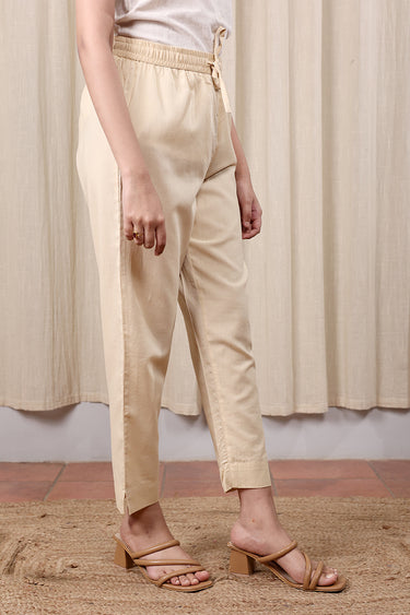 Beige Hand Dyed Cotton Satin Women Ankle Pant WAKPT252C34