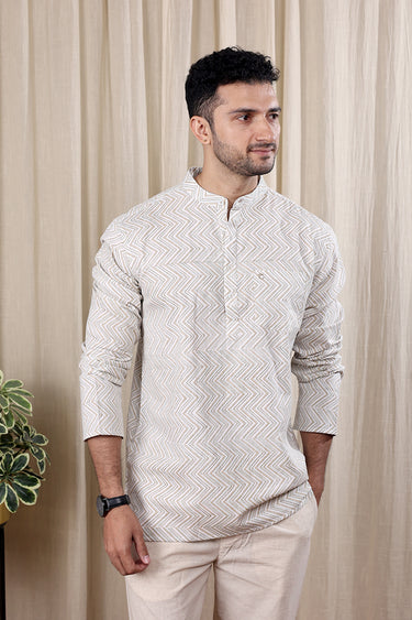 Beige Sanganeri Cotton Flax Men Short Kurta Full Sleeves MSKFS252C4