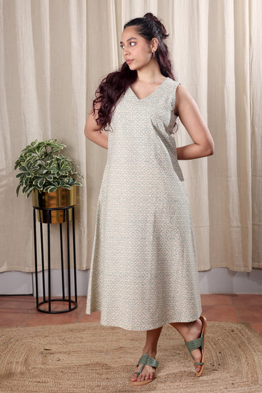 Grey Sanganeri Cotton Flax Women Midi Dress Sleeveless WDRSL252C4
