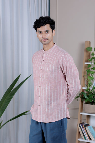 Burnt Brick Stripes Natural Cotton Linen Men Shirt