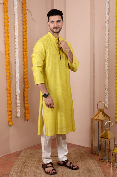 Olive Mukaish Work Silk Viscose Slub Men Long Kurta Full Sleeves MLKFS252C42