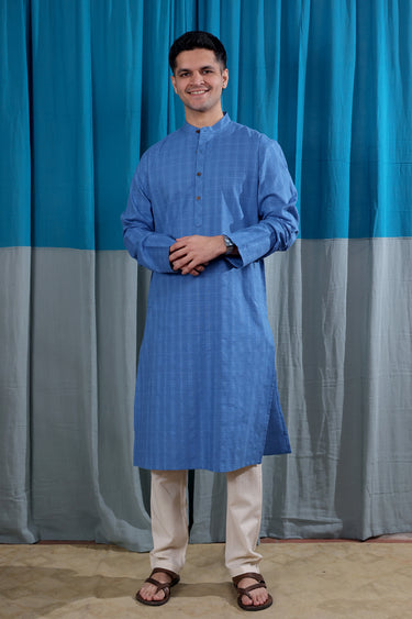 Indigo Blue Dobby Checks Natural Cotton Linen Men Long Kurta Full Sleeves MLKFS122518