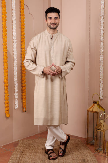 Beige Mukaish Work Silk Viscose Slub Men Long Kurta Full Sleeves MLKFS252C40