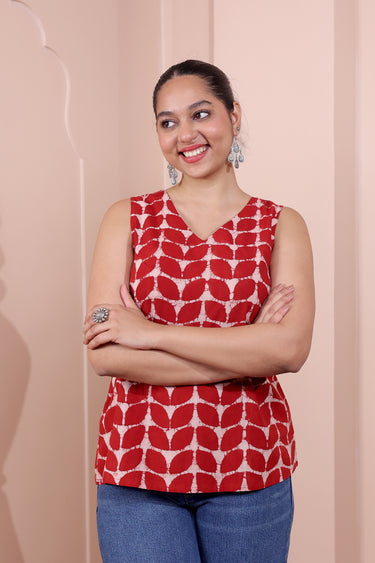 Rust Dhabu Cotton Women Short Top Sleeveless WSTSL253C79