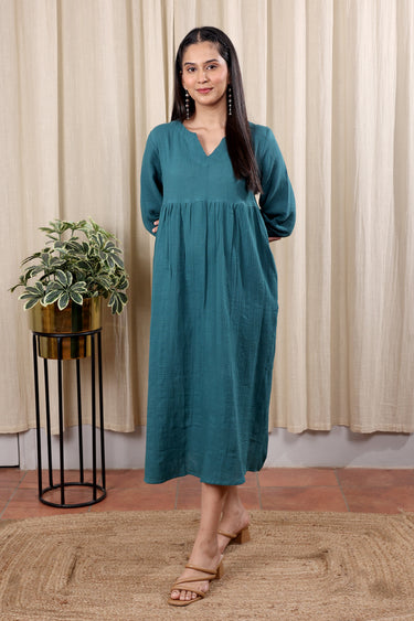 Dark Teal Hand Dyed Cotton Double Cloth Women Midi Dress Long Sleeves WDRLS252C16