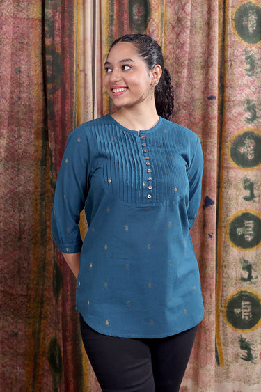 Teal Blue Zari Buti South Cotton Women Kurti Long Sleeves WKILS253C38