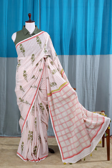 Coral Green Sanganeri Cotton Malmal Dobby Saree