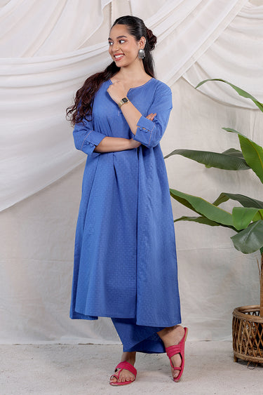 Blue Dyed Cotton Dobby Women Flared Pant