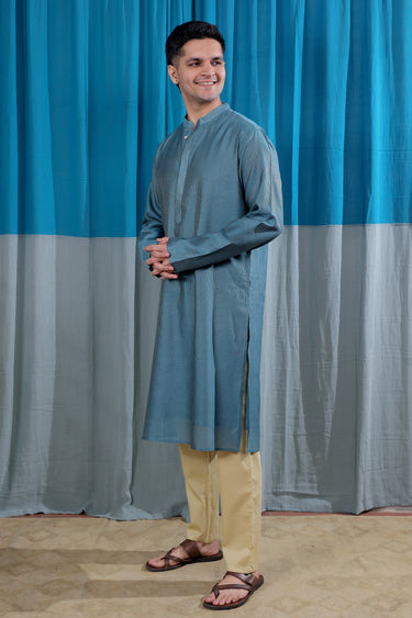 Teal Blue Stripes Zari Chanderi Silk Men Long Kurta