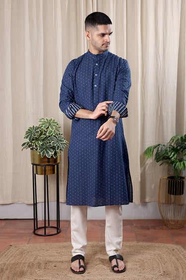 Navy Blue Dobby South Cotton Men Long Kurta Full Sleeves MLKFS251C10