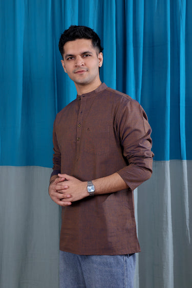 Brown Yarn Dyed South Cotton Men Short Kurta Full Sleeves MSKFS253C21