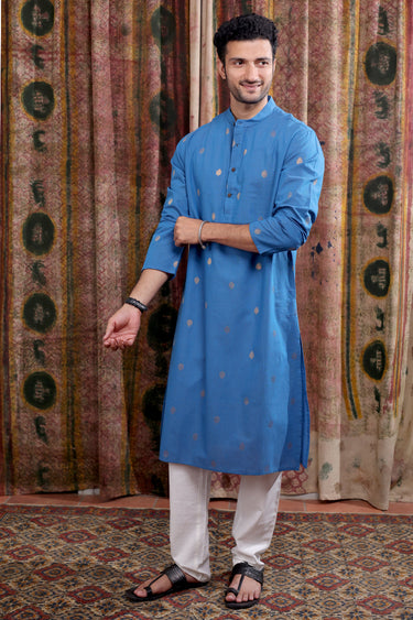 Blue Zari Buti South Cotton Men Long Kurta Full Sleeves MLKFS253C16