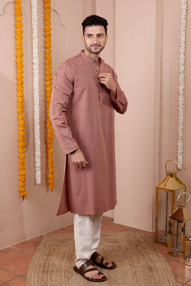 Brown Yarn Dyed Amber Cotton Men Long Kurta Full Sleeves MLKFS252C26