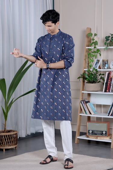 Midnight Blue Stripes Dobby South Cotton Flax Men Long Kurta