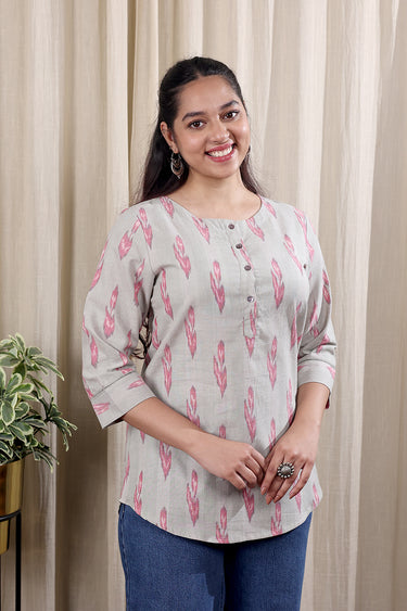 Grey Single Ikkat 60 Cotton Women Kurti Long Sleeves WKILS253C30