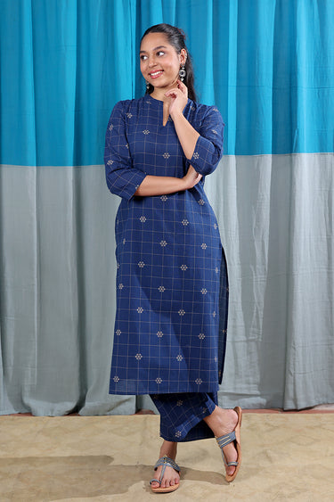 Dark Blue Checks Dobby South Cotton Women Long Kurta