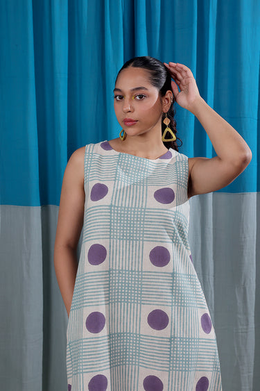 Teal Blue Sanganeri Natural Cotton Linen Women Midi Dress